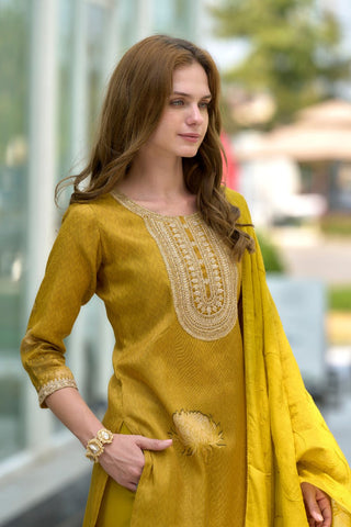 Mustard Yellow Tissue With Floral Print and Embroidery Kurta Set_Kumari Sarees