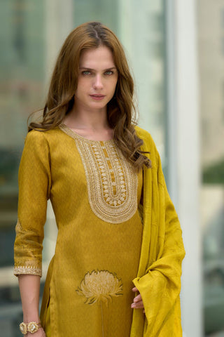 Mustard Yellow Tissue With Floral Print and Embroidery Kurta Set_Kumari Sarees