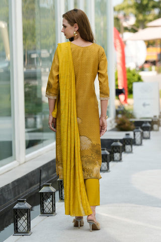 Mustard Yellow Tissue With Floral Print and Embroidery Kurta Set_Kumari Sarees