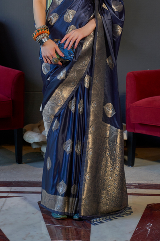 NAVY BLUE NYLON PURE SATIN HANDLOOM WEAVING SAREE