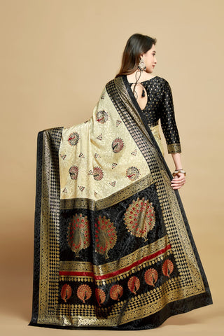 Creme And Black Jacquard Printed Saree