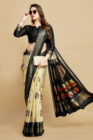 Creme And Black Jacquard Printed Saree