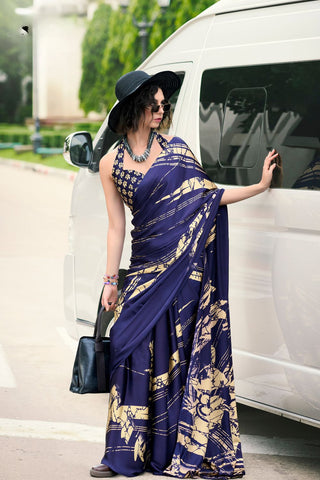 NAVY BLUE SATIN SILK SAREE