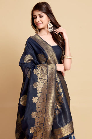 NAVY BLUE LINEN CHANDERI SAREE