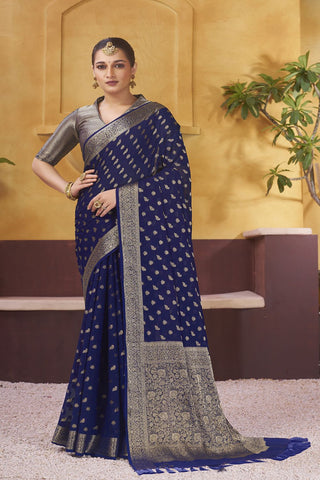 Navy Blue Pure Georgette Handloom Weaving Silk Saree_Kumari Sarees