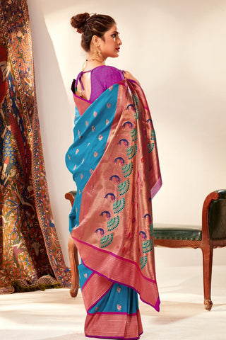 TEAL BLUE SOFT PESHWAI PAITHANI SILK SAREE