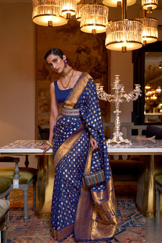 NAVY BLUE PURE KHADI COPPER ZARI WEAVING SAREE