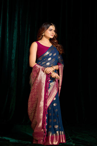 Navy Blue Georgette Silk Saree_Kumari Sarees