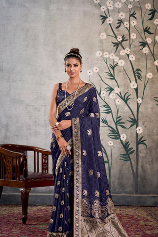 Navy Blue Pure Satin Silk Saree_Kumari Sarees