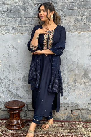 Navy Blue Viscose Chanderi Jacquard Embroidery Kurta Set_Kumari Sarees