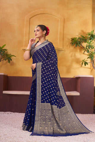 Navy Blue Pure Georgette Handloom Weaving Silk Saree_Kumari Sarees