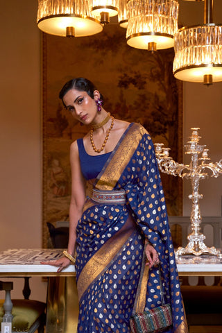 NAVY BLUE PURE KHADI COPPER ZARI WEAVING SAREE