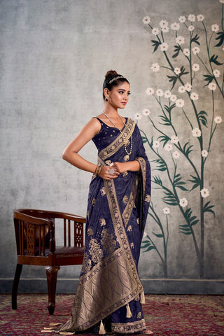 Navy Blue Pure Satin Silk Saree_Kumari Sarees