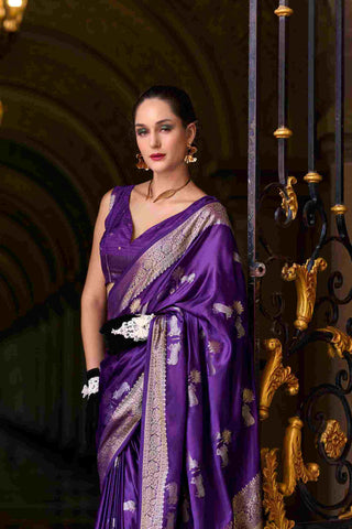 Navy Blue Pure Satin Silk Crepe Saree_Kumari Sarees