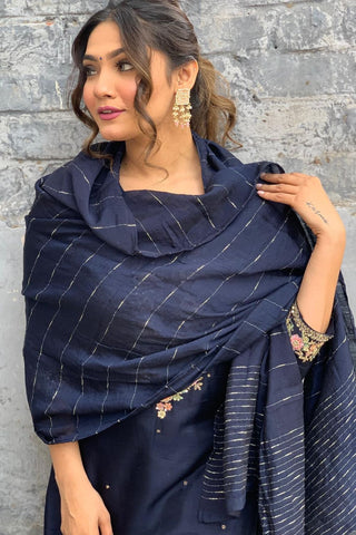 Navy Blue Viscose Chanderi Jacquard Embroidery Kurta Set_Kumari Sarees