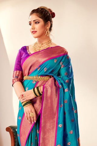 TEAL BLUE SOFT PESHWAI PAITHANI SILK SAREE