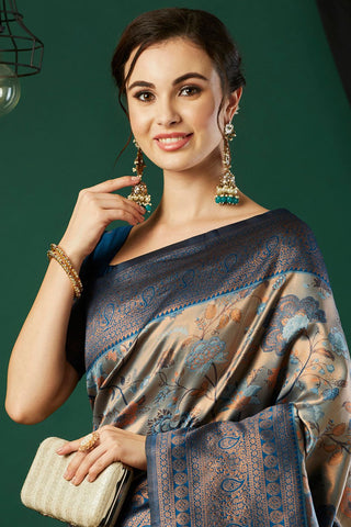 Navy Blue Silk Handloom Weaving Saree_Kumari Sarees