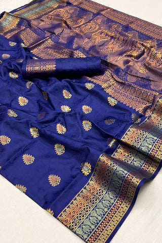 Navy Blue Soft Silk Handloom Weaving Saree_Kumari Sarees