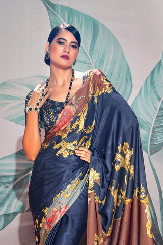 NAVY BLUE SATIN CREPE WITH DIGITAL PRINT SAREE