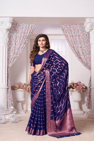 Navy Blue Handloom Weaving Silk With Zari Saree_Kumari Sarees