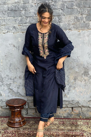 Navy Blue Viscose Chanderi Jacquard Embroidery Kurta Set_Kumari Sarees