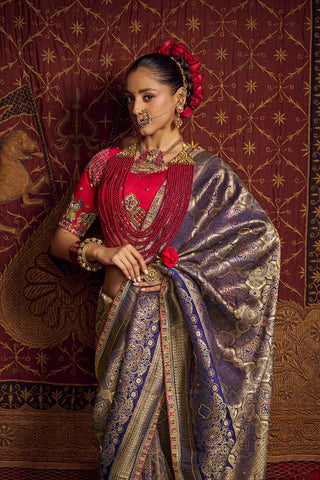 Navy Blue Pure Viscous Dola Saree_Kumari Sarees