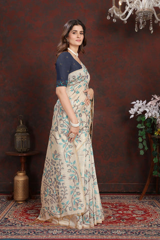 NAVY BLUE PURE JAMDANI MULMUL COTTON SAREE