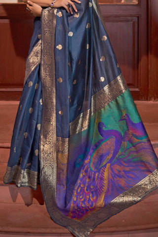 Navy Blue Modal Handloom Weaving Saree_Kumari Sarees