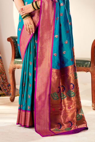 TEAL BLUE SOFT PESHWAI PAITHANI SILK SAREE