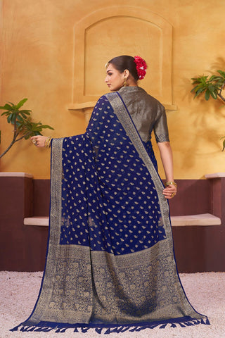 Navy Blue Pure Georgette Handloom Weaving Silk Saree_Kumari Sarees