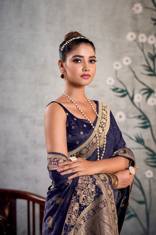 Navy Blue Pure Satin Silk Saree_Kumari Sarees
