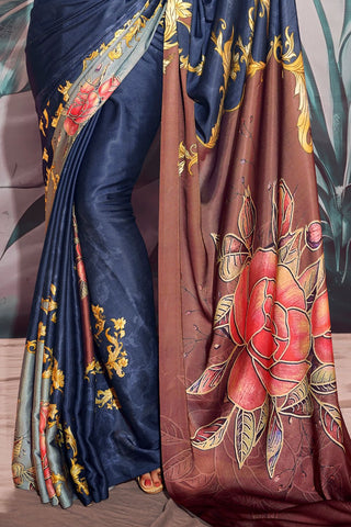 NAVY BLUE SATIN CREPE WITH DIGITAL PRINT SAREE