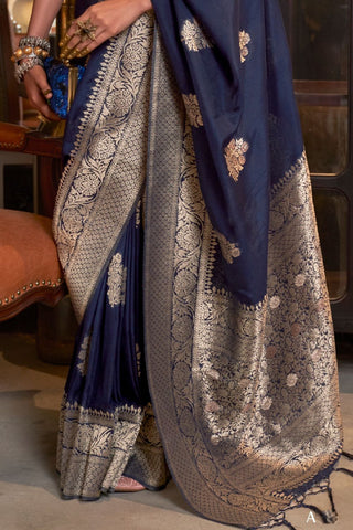 NAVY BLUE PURE GEOGETTE NYLON WEAVING SAREE