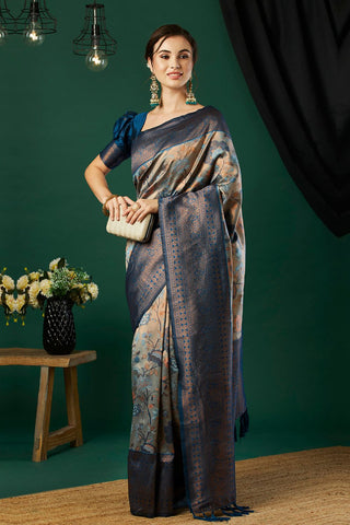 Navy Blue Silk Handloom Weaving Saree_Kumari Sarees