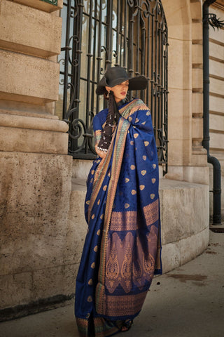 Navy Blue Soft Silk Handloom Weaving Saree_Kumari Sarees