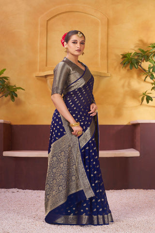 Navy Blue Pure Georgette Handloom Weaving Silk Saree_Kumari Sarees