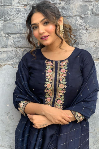 Navy Blue Viscose Chanderi Jacquard Embroidery Kurta Set_Kumari Sarees