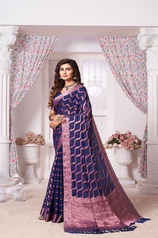 Navy Blue Handloom Weaving Silk With Zari Saree_Kumari Sarees