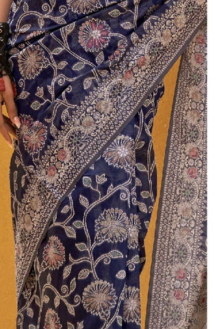 NAVY BLUE CHIKANKARI LUCKNOWI WEAVING SAREE