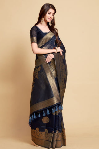 NAVY BLUE LINEN CHANDERI SAREE