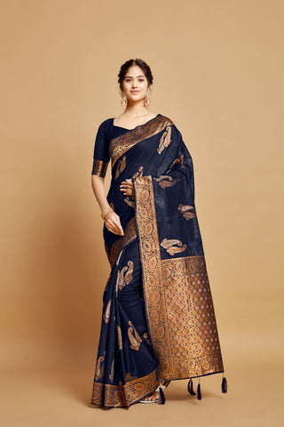 NAVY BLUE LINEN CHANDERI SAREE