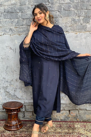 Navy Blue Viscose Chanderi Jacquard Embroidery Kurta Set_Kumari Sarees