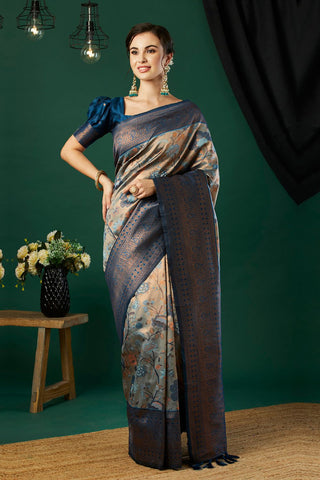 Navy Blue Silk Handloom Weaving Saree_Kumari Sarees