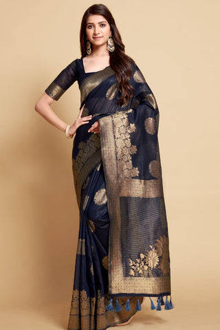 NAVY BLUE LINEN CHANDERI SAREE