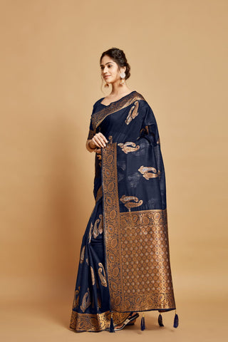 NAVY BLUE LINEN CHANDERI SAREE