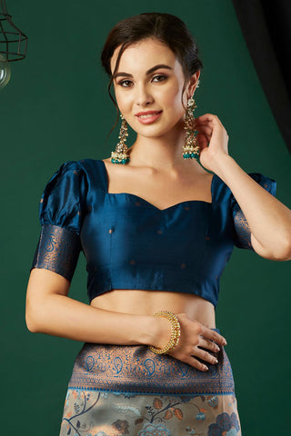 Navy Blue Silk Handloom Weaving Saree_Kumari Sarees