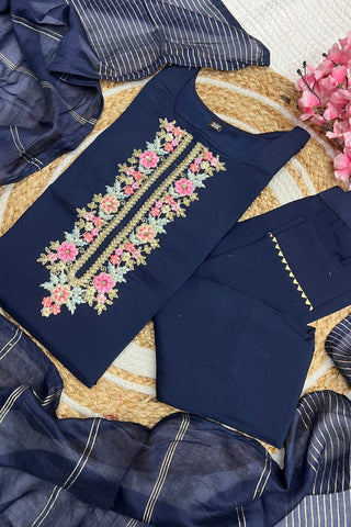 Navy Blue Viscose Chanderi Jacquard Embroidery Kurta Set_Kumari Sarees