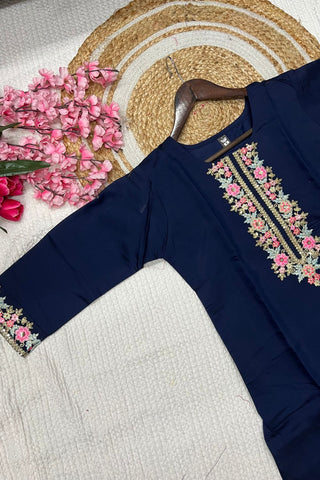 Navy Blue Viscose Chanderi Jacquard Embroidery Kurta Set_Kumari Sarees