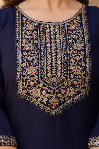 Navy Blue Reyon Chinon With Embroidery Kurta Set_Kumari Sarees