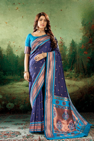 NAVY BLUE SOFT PESHWAI PAITHANI SILK